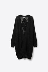 Q2 Cardigan nero drappeggiato con disegno all'uncinetto