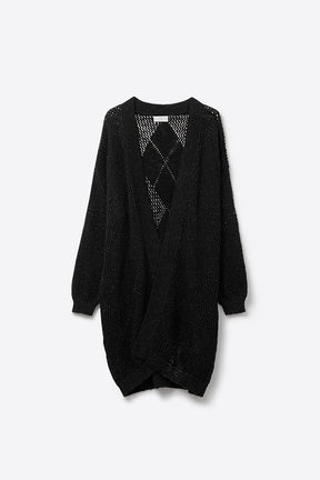 Q2 Cardigan nero drappeggiato con disegno all'uncinetto