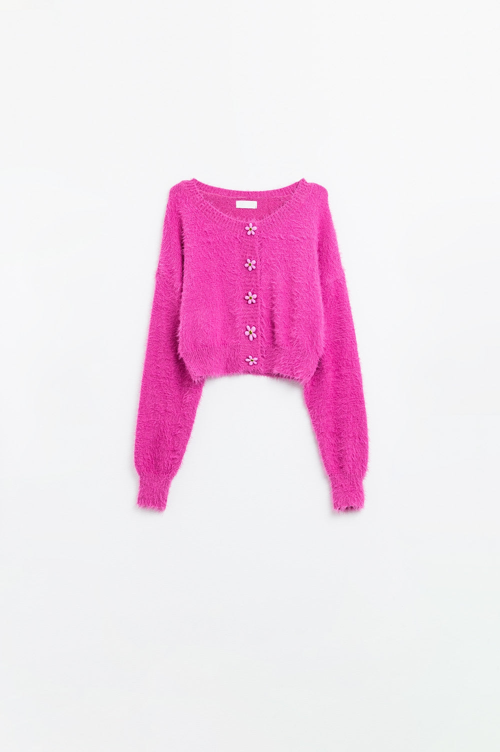 Q2 Cardigan rosa corto e soffice con bottoni a fiore