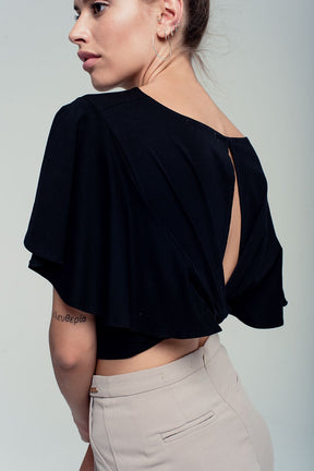 Crop top nero con volant e nodo