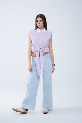 Crop Top rosa senza maniche con nodo frontale