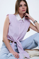 Q2 Crop Top rosa senza maniche con nodo frontale