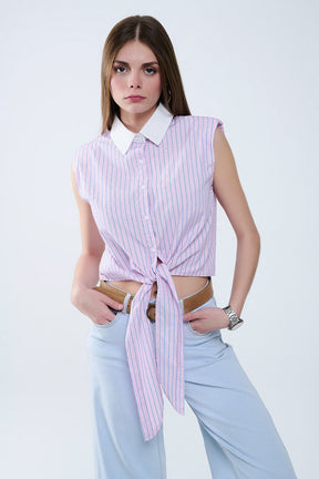 Crop Top rosa senza maniche con nodo frontale