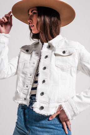 Q2 Giacca di jeans bianca con bordi grezzi