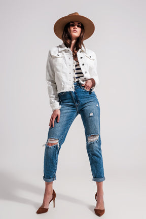 Giacca di jeans bianca con bordi grezzi