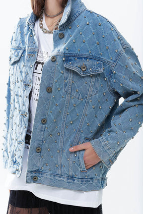 Giacca larga in denim con strass a forma di rombo