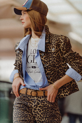 Q2 Giacca marrone con stampa leopardata in tessuto denim