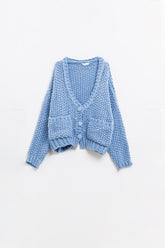Q2 Giacca oversize in maglia grossa blu chiaro con tasche