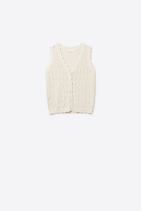 Gilet a Maglia Pointelle con Bordi Scallop in Beige