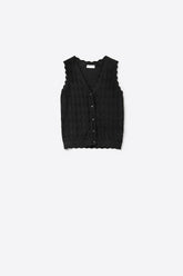 Q2 Gilet a Maglia Pointelle con Bordi Smerlati in Nero