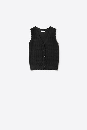 Q2 Gilet a Maglia Pointelle con Bordi Smerlati in Nero