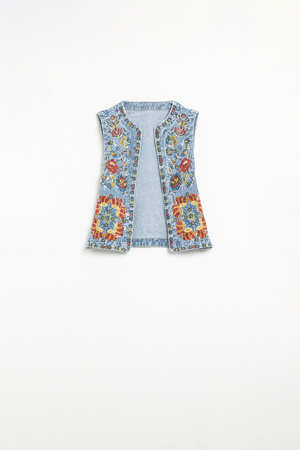 Q2 Gilet in denim con ricamo floreale