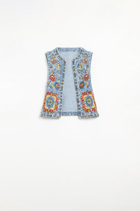 Q2 Gilet in denim con ricamo floreale