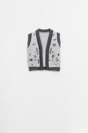 Q2 Gilet in maglia con ricamo a fiori in grigio