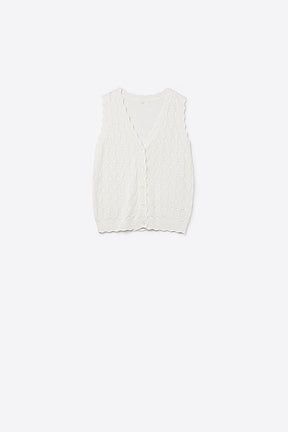 Q2 Gilet in Maglia Pointelle con Bordi Smerlati in Bianco