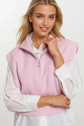 Q2 Gilet lavorato a maglia con collo alto a mezza zip e ampi giromanica in rosa