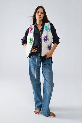 Gilet ricamato con fuochi d'artificio in bianco con finiture nere