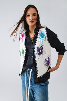 Q2 Gilet ricamato con fuochi d'artificio in bianco con finiture nere