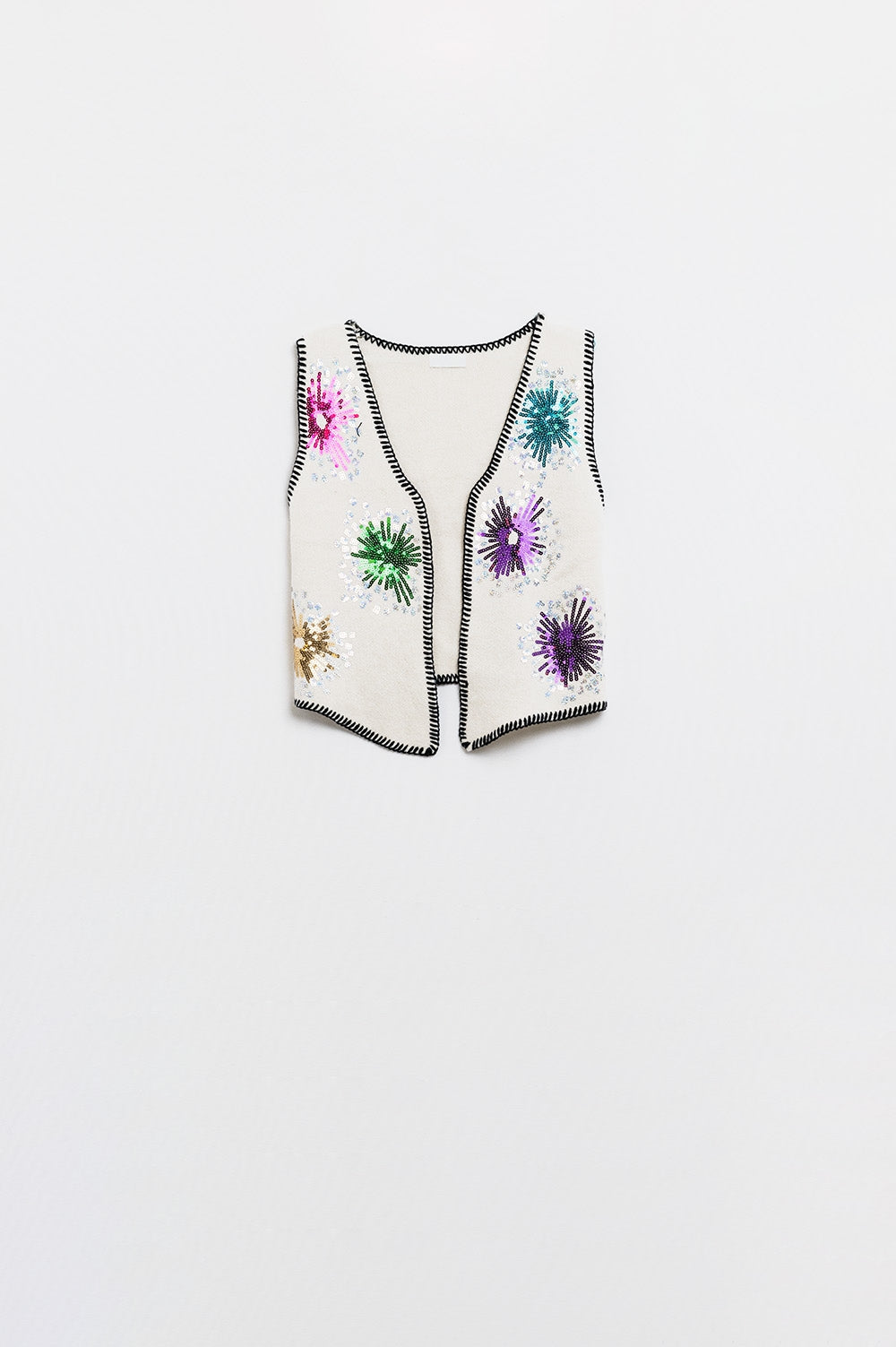 Gilet ricamato con fuochi d'artificio in bianco con finiture nere