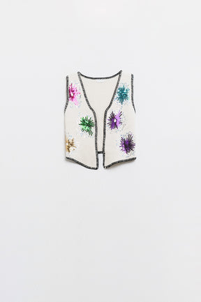 Gilet ricamato con fuochi d'artificio in bianco con finiture nere