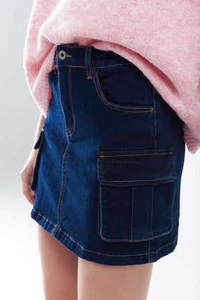 Gonna Cargo in Denim Lavaggio Scuro con Cuciture a Contrasto