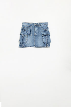 Gonna cargo mini in denim con dettagli pendenti