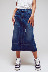 Q2 Gonna lunga a matita in denim con dettagli a pannelli nella parte anteriore