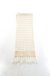 Q2 Gonna midi bianca all'uncinetto con strisce beige e orlo a frange