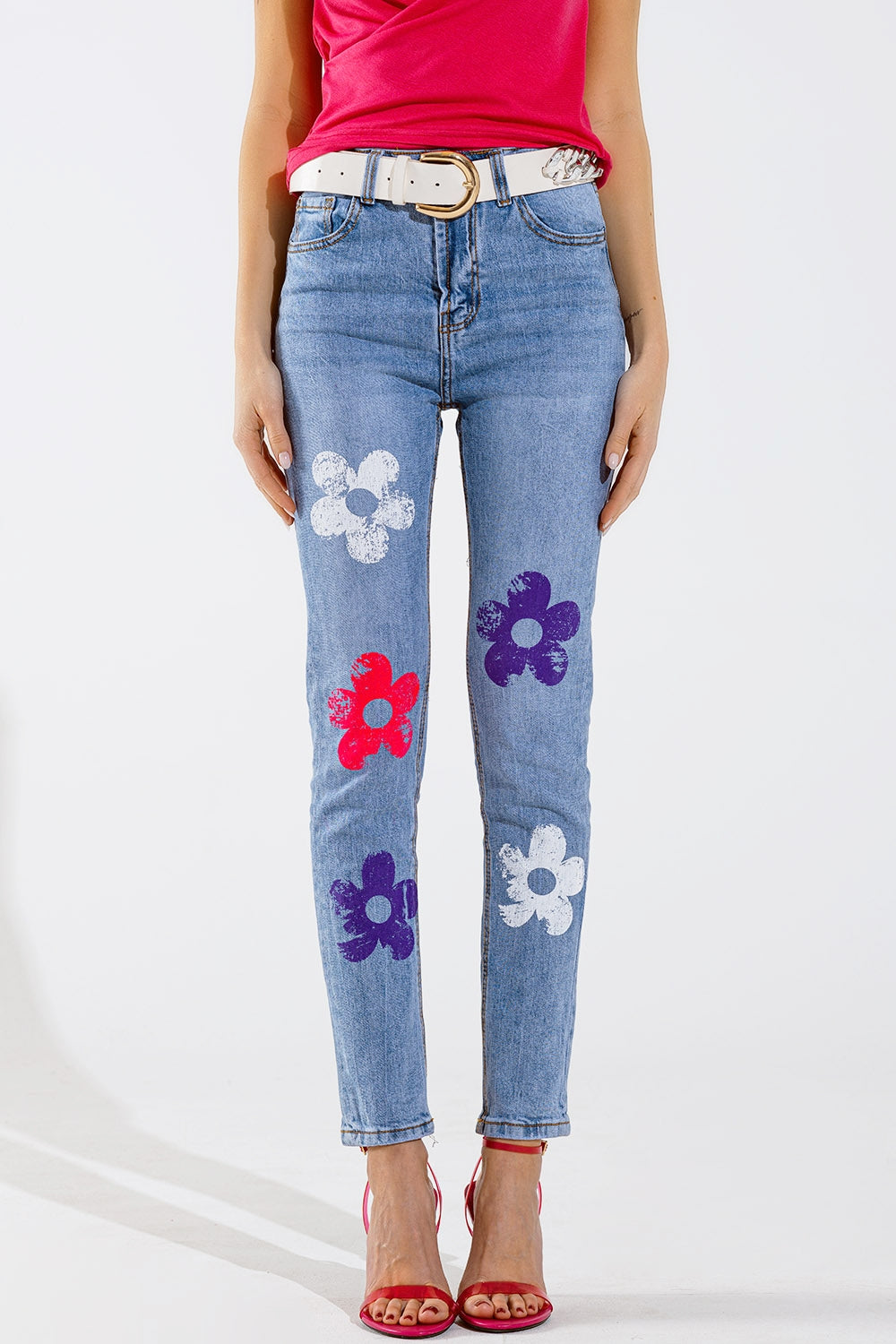 Q2 Jeans 5 tasche skinny con dettaglio floreale
