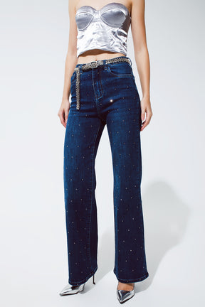 Jeans a gamba dritta con dettaglio strass in blu