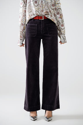 Q2 Jeans a gamba tesa in velluto a coste grigio scuro con tasche