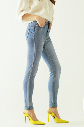 Jeans a vita alta a cinque tasche con effetto verniciato a polvere d'argento