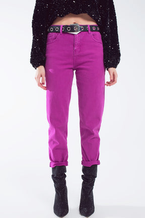 Q2 Jeans a vita media in cotone color magenta