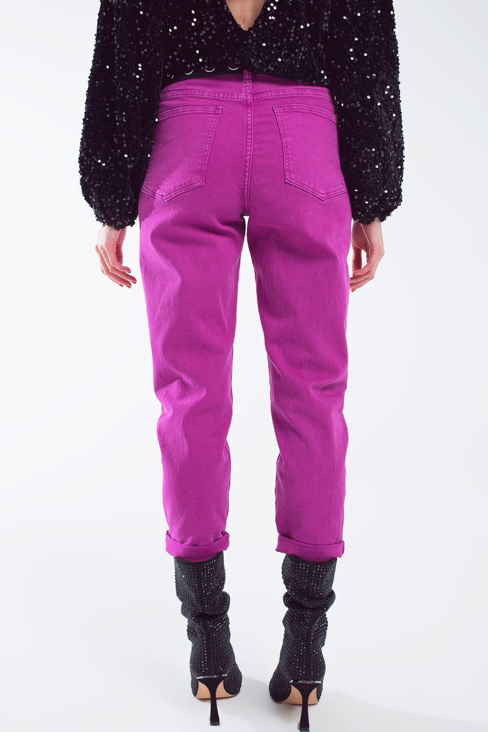 Jeans a vita media in cotone color magenta