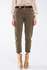 Q2 Jeans a vita media in cotone khaki sepia