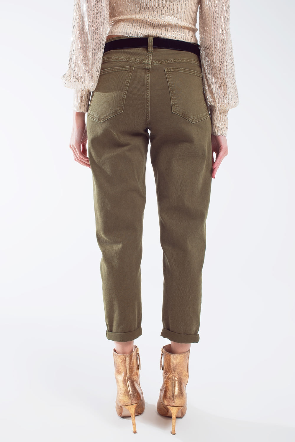 Jeans a vita media in cotone khaki sepia