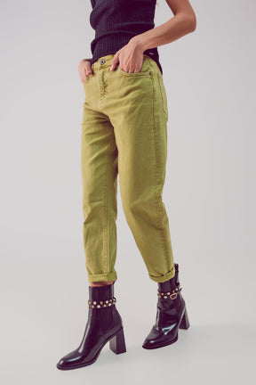 Jeans a vita medio alta in cotone verde lime