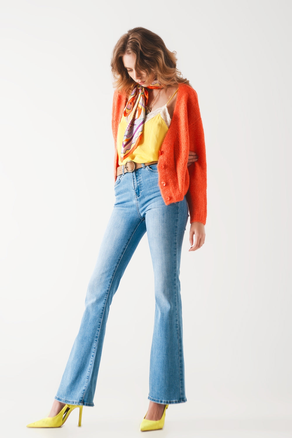 Jeans a zampa anni 70 a vita alta denim blu chiaro