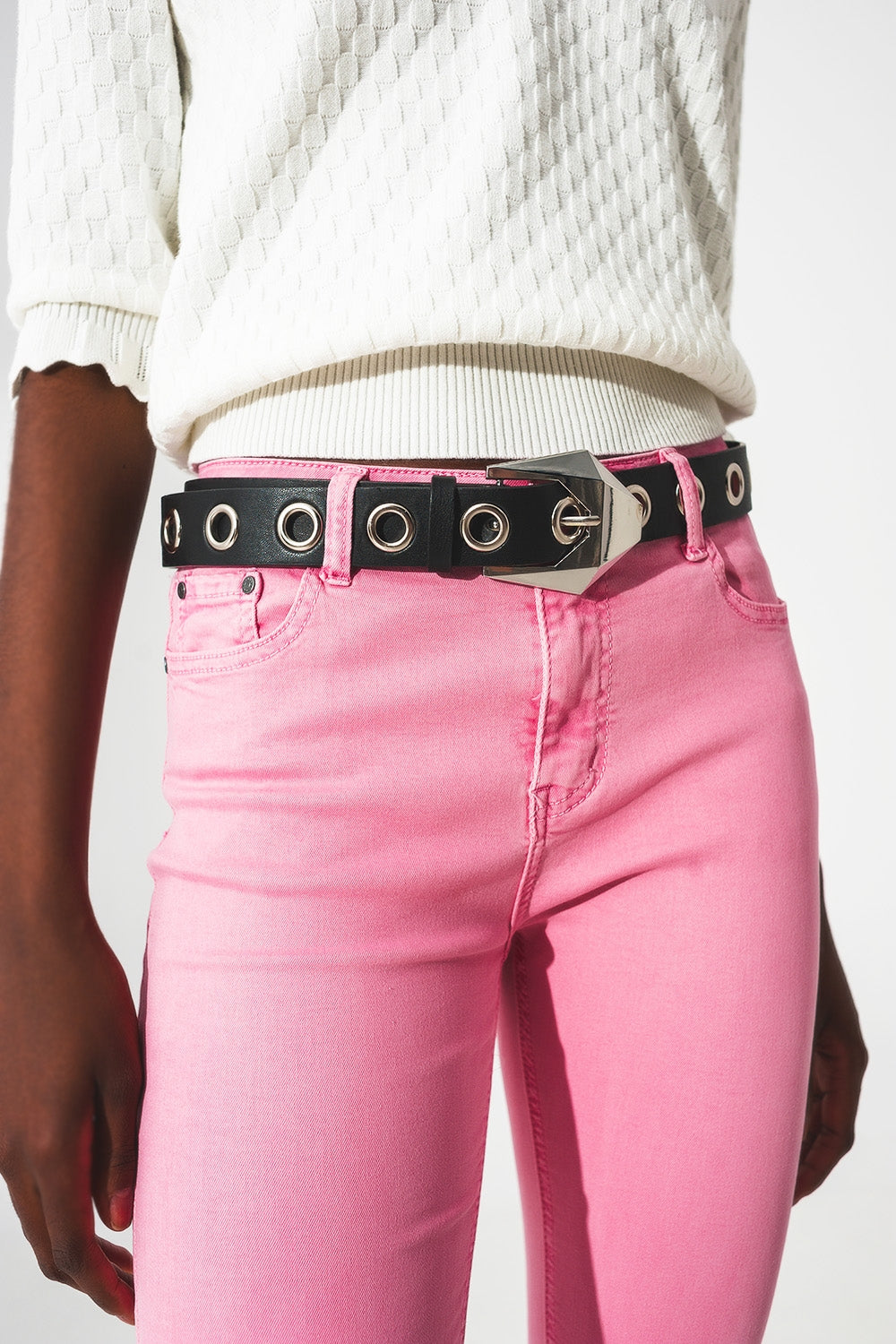 Jeans a zampa Rosa chewing gum con orlo grezzo
