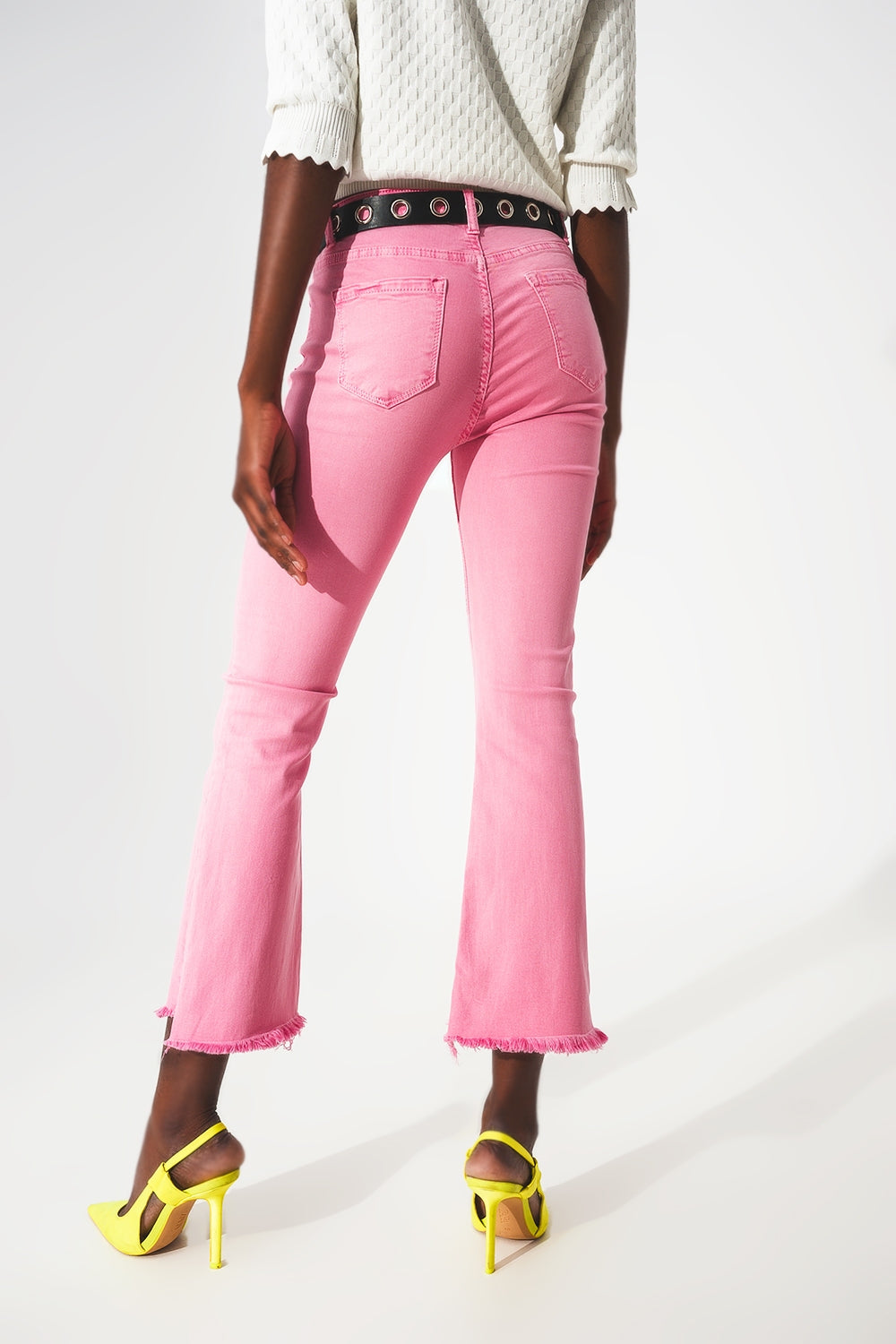 Jeans a zampa Rosa chewing gum con orlo grezzo