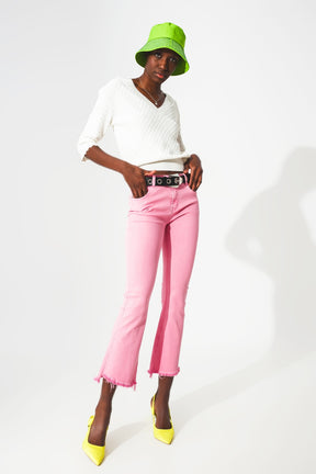 Jeans a zampa Rosa chewing gum con orlo grezzo