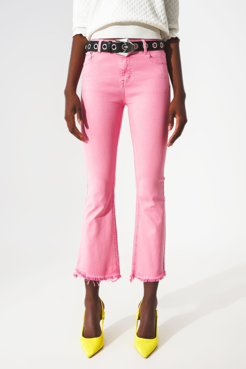 Jeans a zampa Rosa chewing gum con orlo grezzo