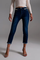 Q2 Jeans con frange strass sulle tasche in lavaggio scuro