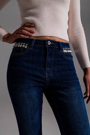 Jeans con frange strass sulle tasche in lavaggio scuro