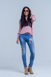 Q2 Jeans con ricami floreali