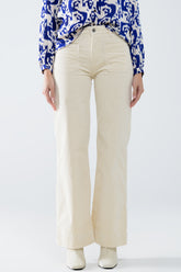 Q2 Jeans di velluto a coste a gamba dritta in panna con tasche
