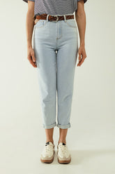 Q2 Jeans dritti blu chiaro con orlo e cinque tasche