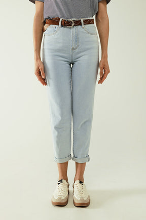 Q2 Jeans dritti blu chiaro con orlo e cinque tasche