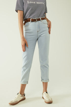 Jeans dritti blu chiaro con orlo e cinque tasche