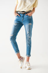Q2 Jeans dritti blu medio con strappi